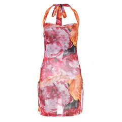 Summer Women  Clothing Halter Sexy Backless Slim Fit Floral Print Slit Dress