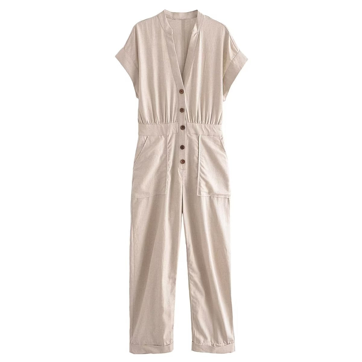 Summer Women Clothing Linen Blended Straight Long Jumpsuit