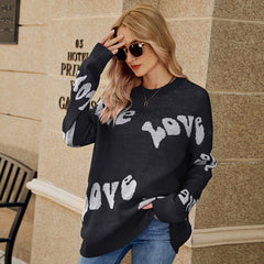 Autumn Winter  Women Idle round Neck  Letter Graphic Jacquard Long Sleeve Pullover Sweater