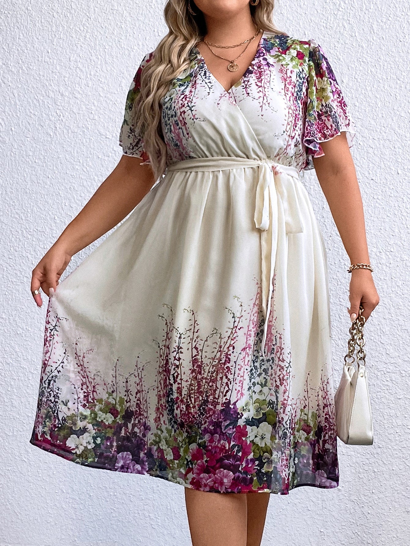 Plus Size Printing Series Waist V neck Women Dress