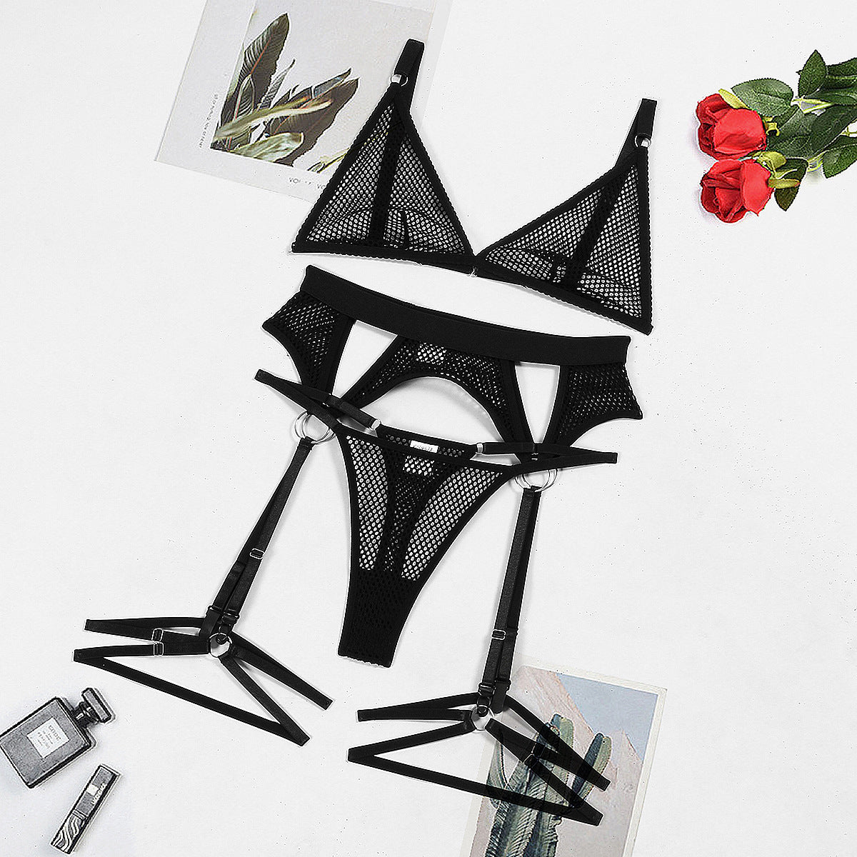 Bra Set Fishnet Seduction Sexy Hollow Out Cutout Out Triangle Cup Sexy Lingerie Four Piece Set Or Five Piece Set