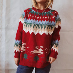 Women Clothing Year Christmas Sweater Thickened Raglan Sleeve Elk Christmas Tree Gold Thread Pullover