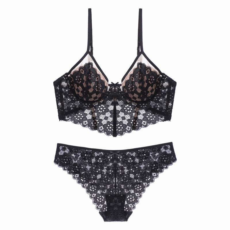 Sexy Underwear Thin Cup Braces Vest Bra Push up Crocheted Lace Long Bra Set