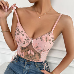 Sexy Backless See-through Mesh Camisole Drawstring Patchwork Vest