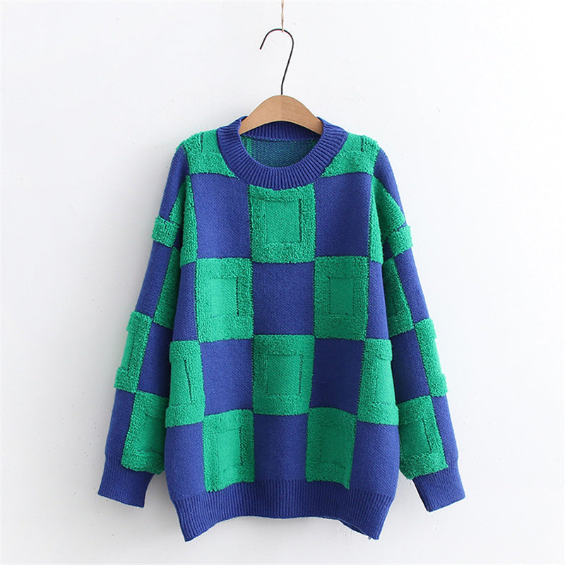 Autumn Winter Casual Chessboard Plaid Knitted Pullover Color Matching round Neck Long Sleeve Sweater Women