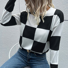 Autumn Winter Women Wear Long Sleeve Black White Checkerboard Plaid Sweater