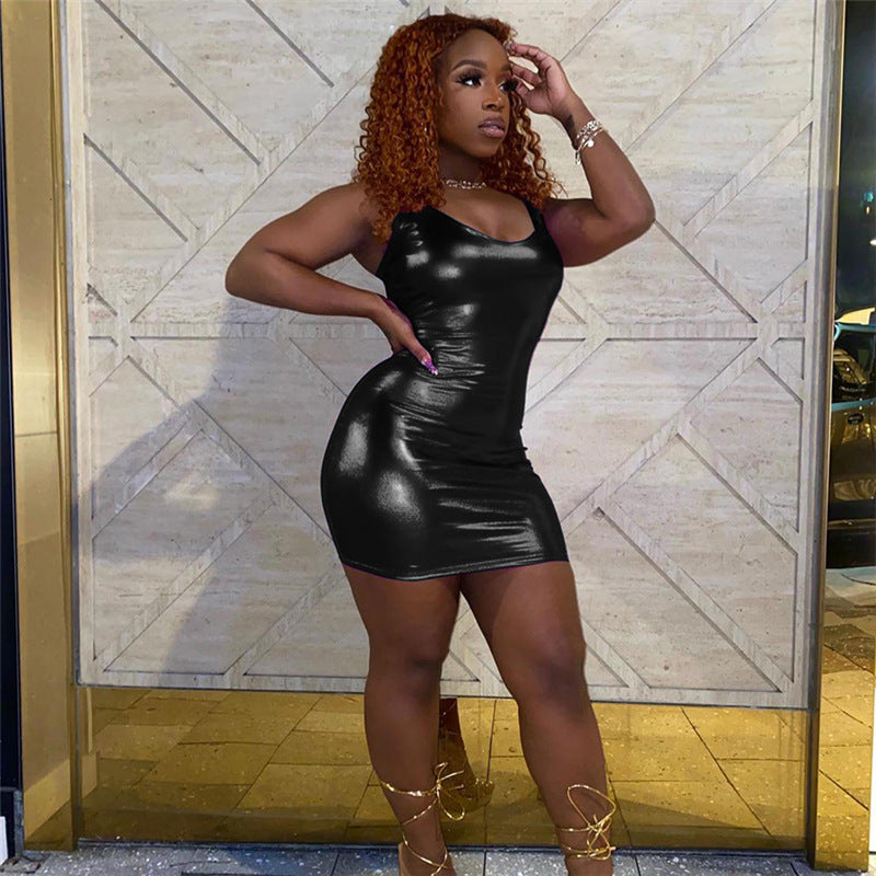 Spring Summer Women Nightclub Bright Reflective Halter Lace up Slim Fit Sheath Dress