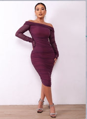 Women Solid Color Sexy Slim Party Long Sleeve off Shoulder Pleated Early Spring Dress