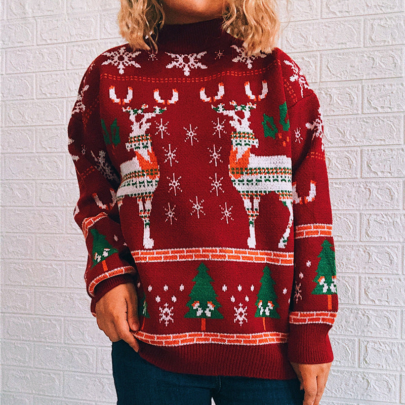 Autumn Winter Christmas Theme Elk Snowflake Christmas Tree Knitted Sweater Pullover Women