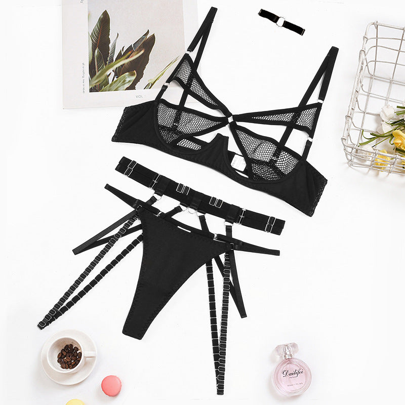 Summer Bra Mesh Splicing Mesh Hollow Out Cutout Steel Ring Push up Sexy Underwear Four Piece Set