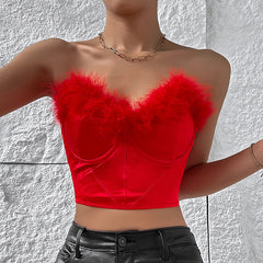 Sexy Red Wool Tops Stitching Tube Top Low Cut Short Outer Wear Bone Clothing Women