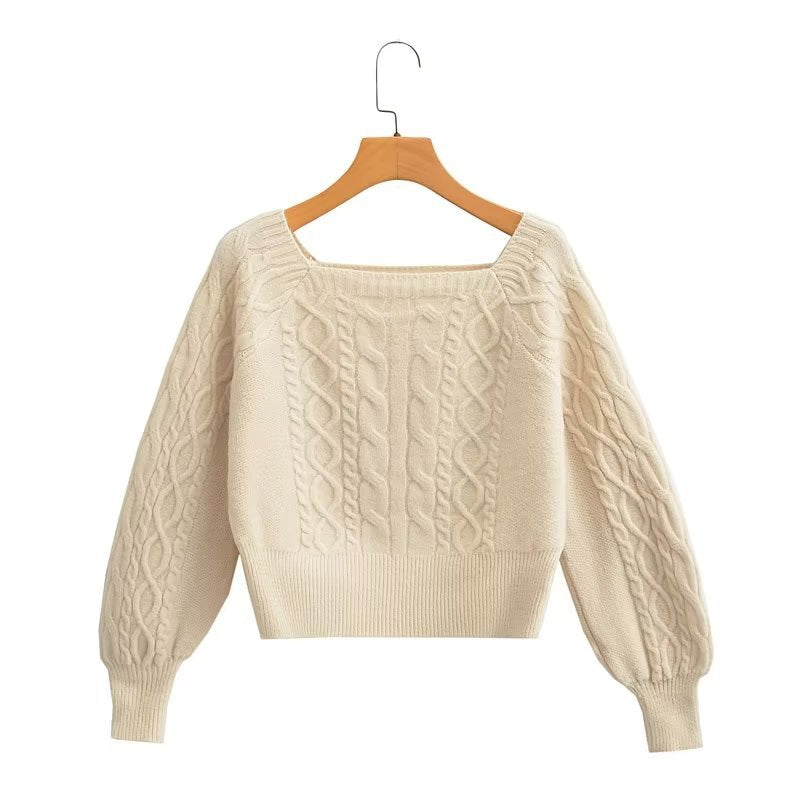 Soft Glutinous Cable Knit Sweater Women Autumn Winter Sweet Idle Design Square Collar Short Sweater