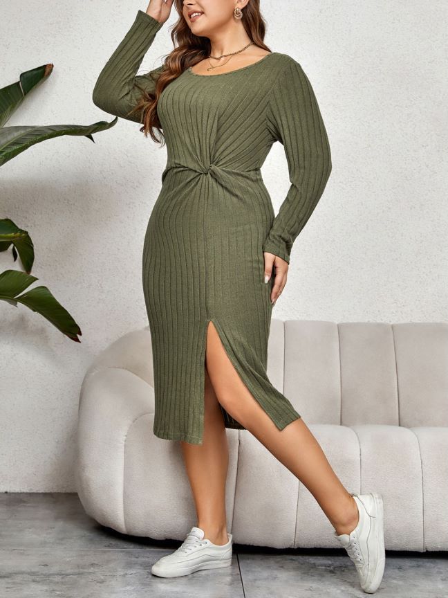 Plus Size Autumn Winter Inner Wear Outerwear Scoop Split Waist Fitted Bean Green Slimming Dress