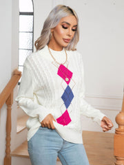 Hollow Out Hit Color Diamond Lattice Twist Long Sleeve Half Turtleneck Knitted Sweater Women Autumn Winter Women Clothing