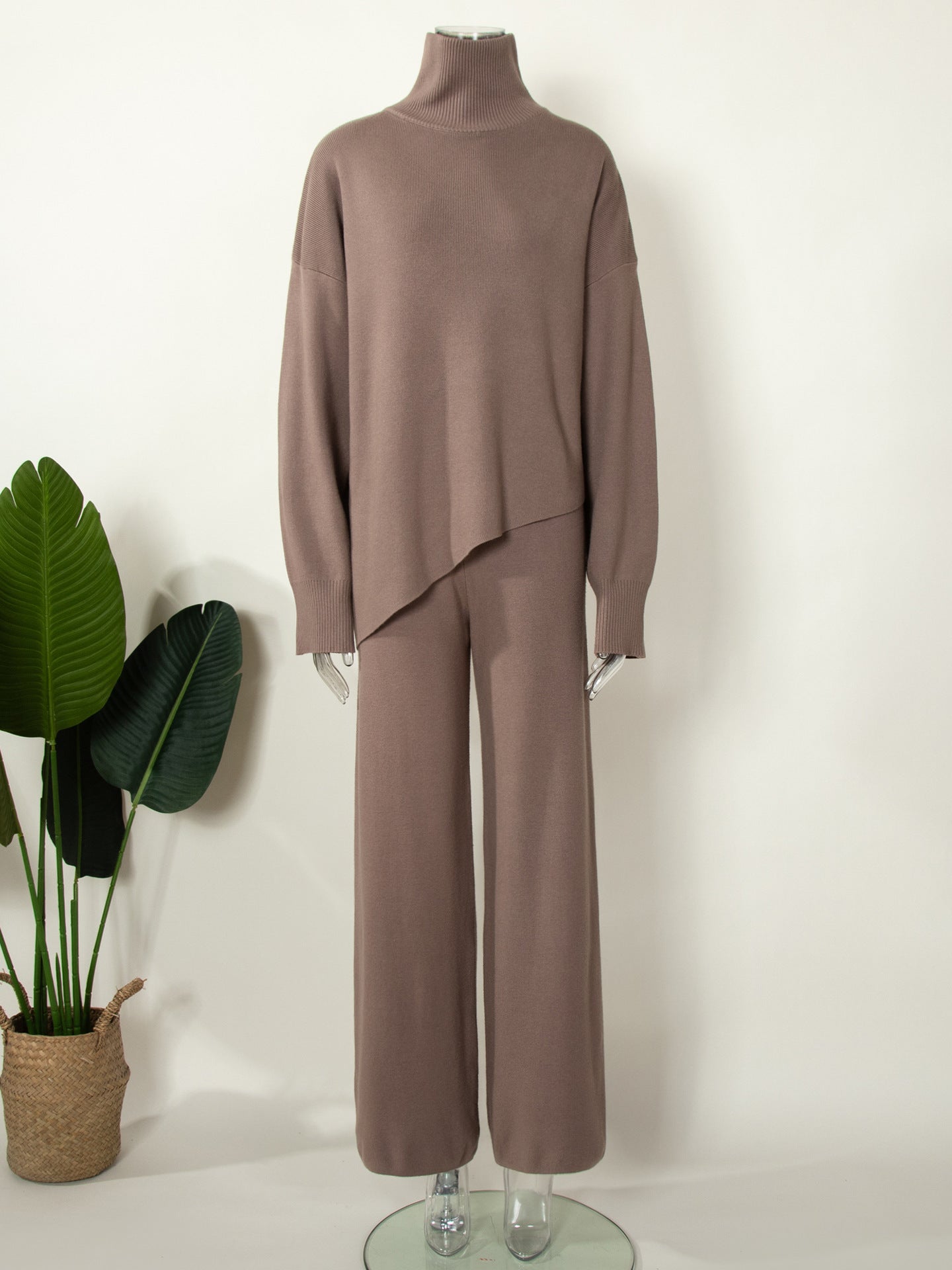 Half Turtleneck Irregular Asymmetric Sweater Suit Elegant Beveled Sweater Knitted Wide Leg Pants