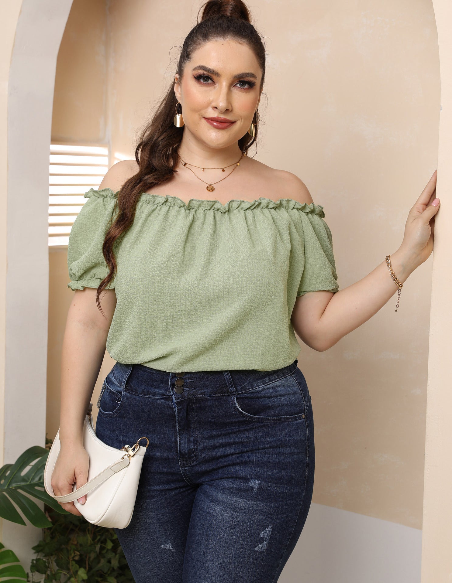 Plus Size Women Ruffled off-Shoulder Sexy Casual Sweet Short-Sleeved T-shirt
