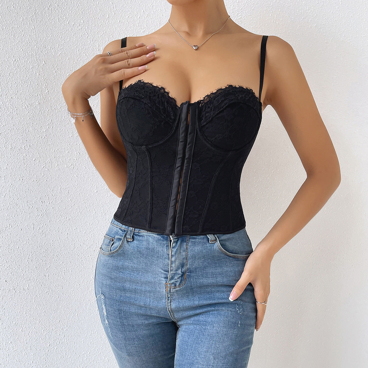 Women Clothing Sexy Solid Color Lace Sling Boning Corset Steel Ring Wrapped Chest Breasted Backless Vest