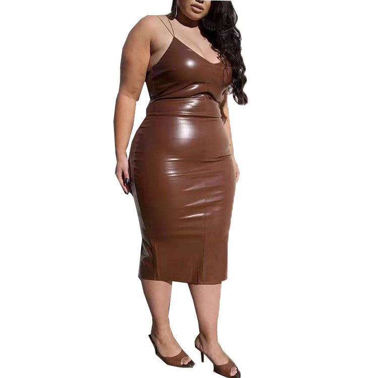 Plus Size Women Clothing plus-Sized Fall Winter Fashion Leather Cami Dress