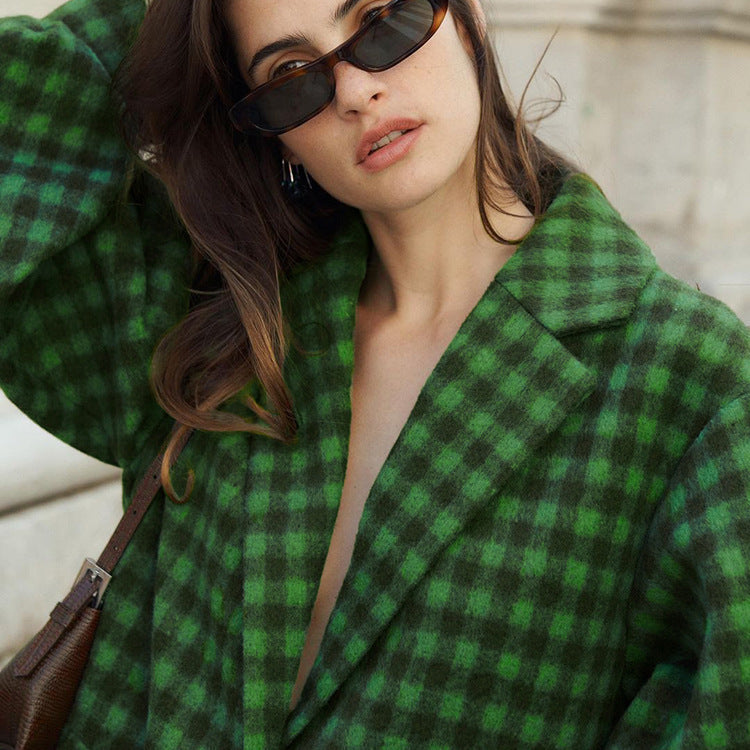 Women  Clothing Retro Plaid Wool Short Coat Green Boyfriend Loose Autumn Winter Woolen Coat