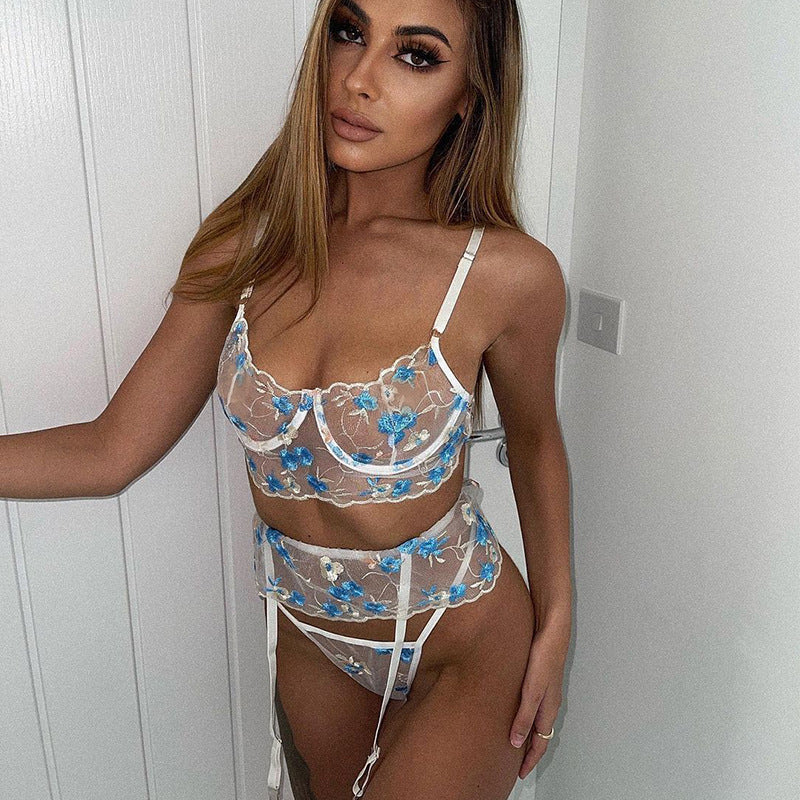 Gorgeous Embroidery Rose Floral Stitching Sexy Push-up Underwear Body Shaping Three-Piece Set