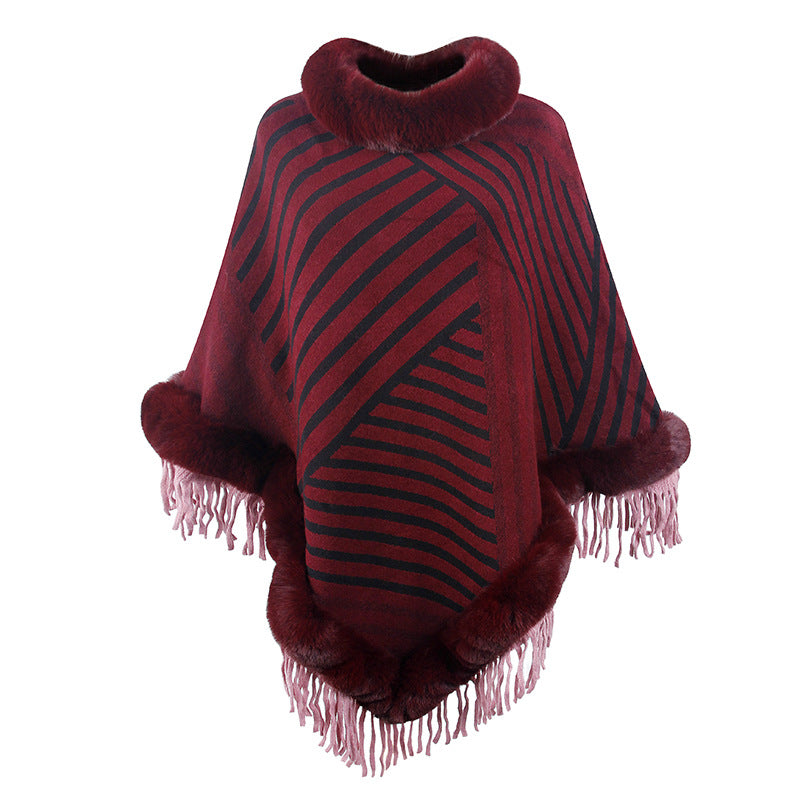 Fur Collar Pullover Tassel Knitted Cape for Women Autumn Winter Stripe Warm Shawl