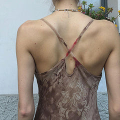 Sexy Lace Stitching Retro Printed Design Back Cross Strap Cami Dress