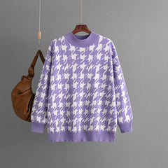 Autumn Winter Houndstooth Knitted Pullover Round Neck Loose Fitting Oversized Sweater Women