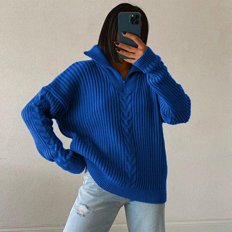 Polo Collar Sweater Twist Collared Lazy Loose Casual Slimming Autumn Winter Solid Color Knitted Zipper Pullover