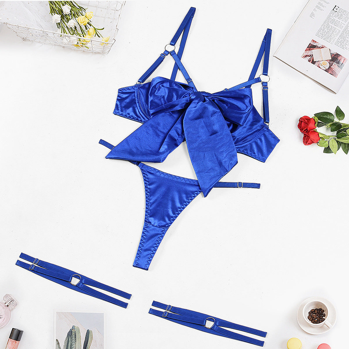 Summer Women Clothing Sexy Bow Strap Sexy Lingerie Three Piece Set