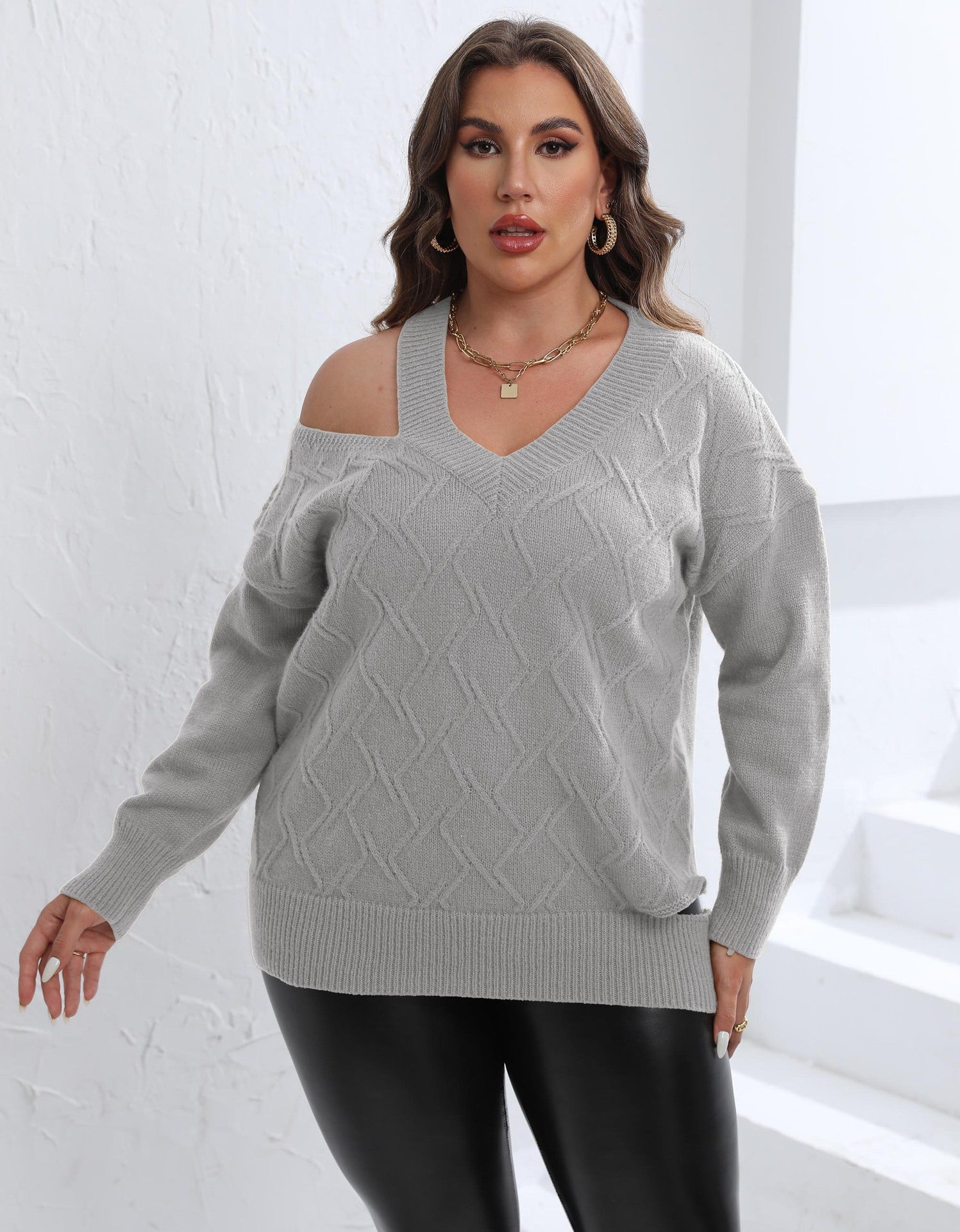 Women Autumn Winter Pullover Top plus Size Women Clothes Personalized off Shoulder Woven Sweater V neck Sweater