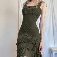 Retro Beggar Vacation Ruffled Irregular Asymmetric Lace Vest Dress Sexy Slim Fit Backless Short Dress
