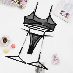 Bra Set See through Mesh Chain Sexy Underwear Garter Four Piece Set Or Five Piece Set Women