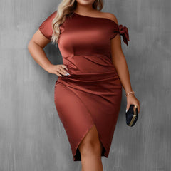 Plus Size Women Clothing Casual Solid Color Diagonal Collar Short Sleeve Sheath Dress