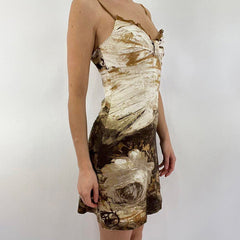 European Retro Waste Soil Printing Characteristic Bow Pleating Show Chest Suspender Slim Fit A line Dress