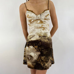 European Retro Waste Soil Printing Characteristic Bow Pleating Show Chest Suspender Slim Fit A line Dress