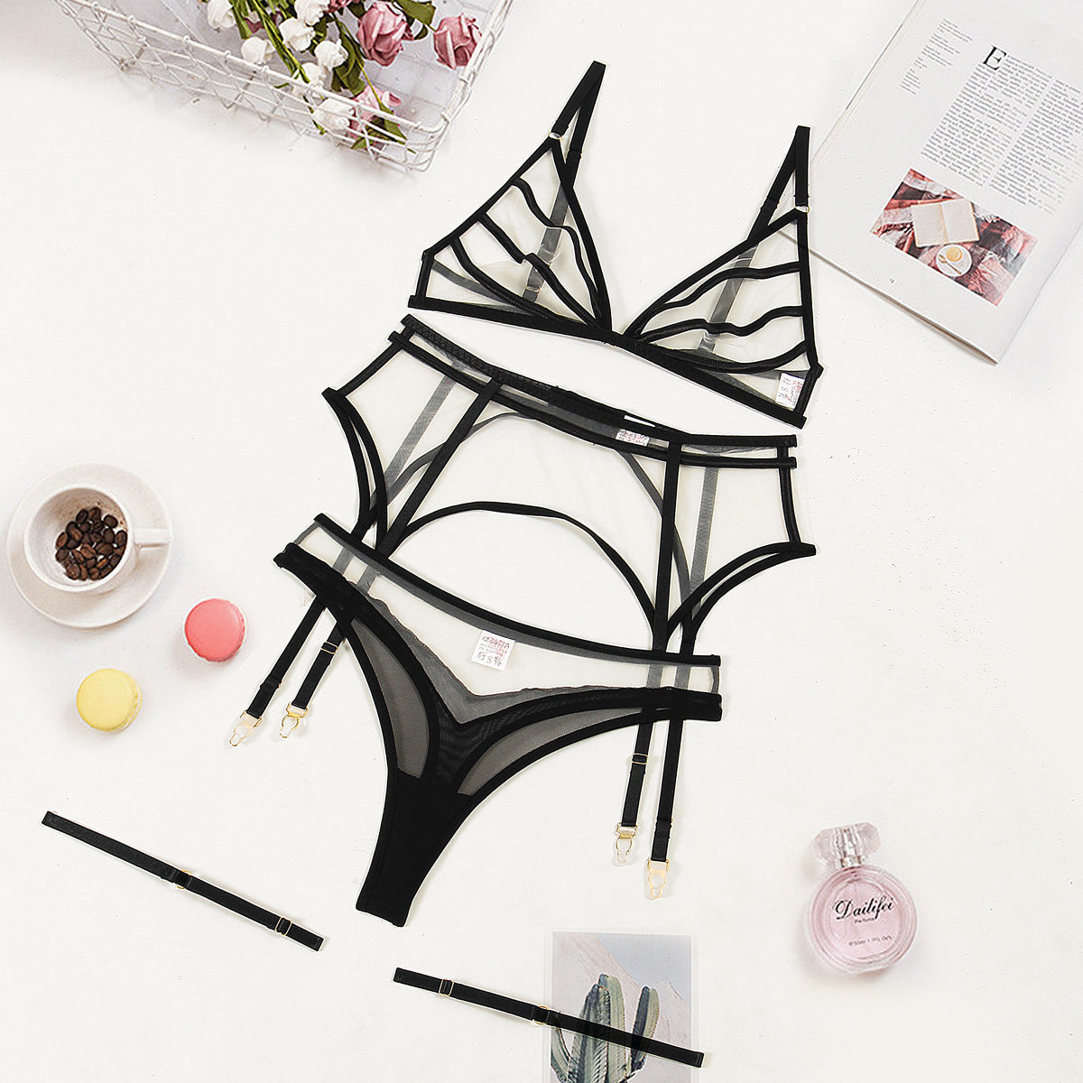 Summer Triangle Cup Sexy Lingerie Set Sexy Sheer Mesh Joint Four Piece Set