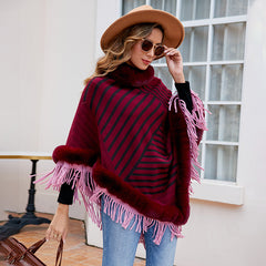 Fur Collar Pullover Tassel Knitted Cape for Women Autumn Winter Stripe Warm Shawl