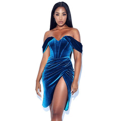 Retro off Shoulder Velvet Boning Corset Dress Irregular Asymmetric Slit Pleated Dress