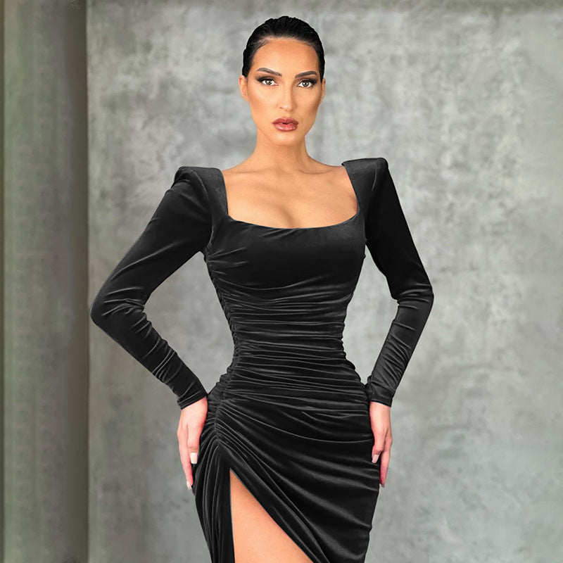 Women Clothing Winter Sexy Square Neck Fold High Waist Tuxedo Dress