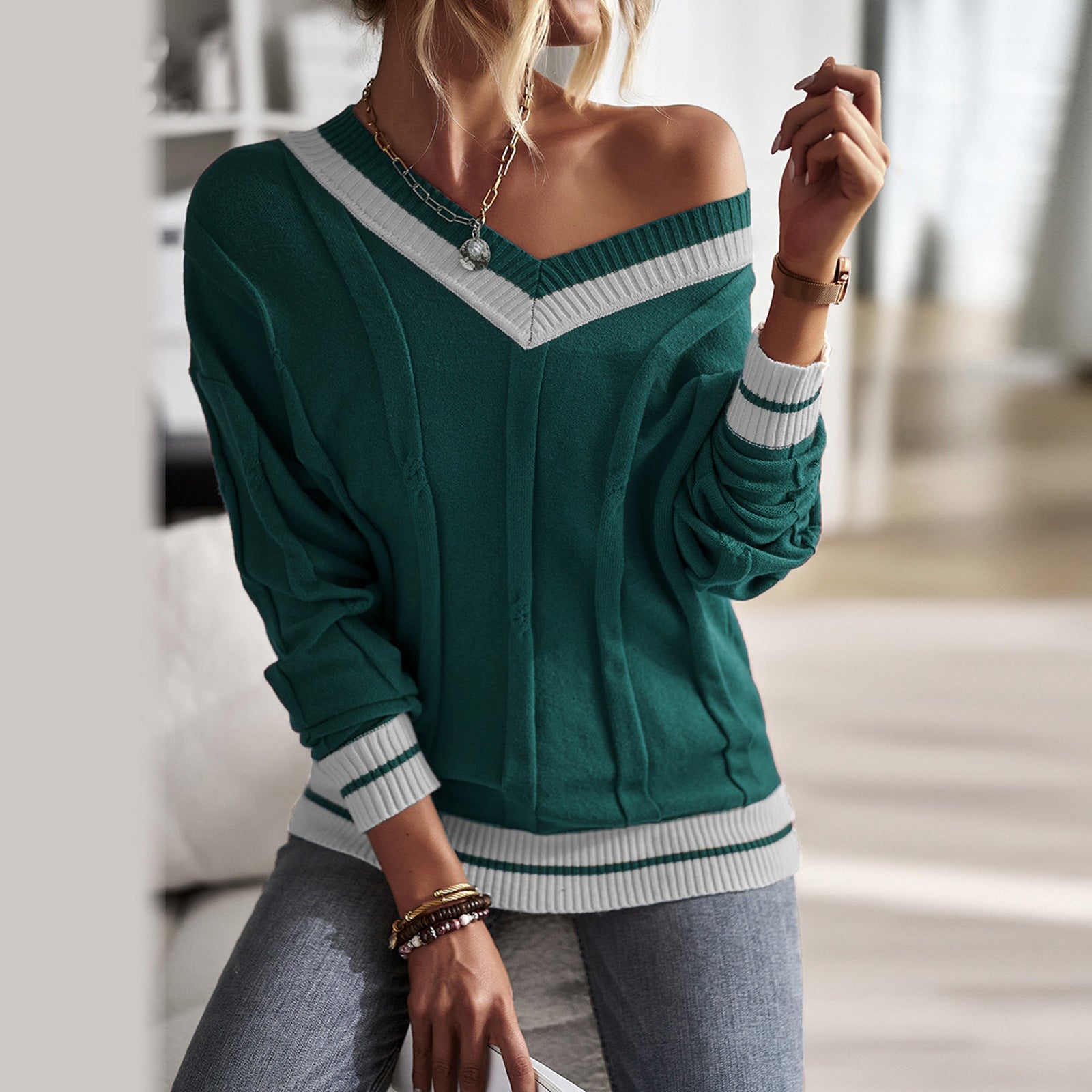 Women Clothing Simple V Collar Contrast Color Stitching Sweater Top