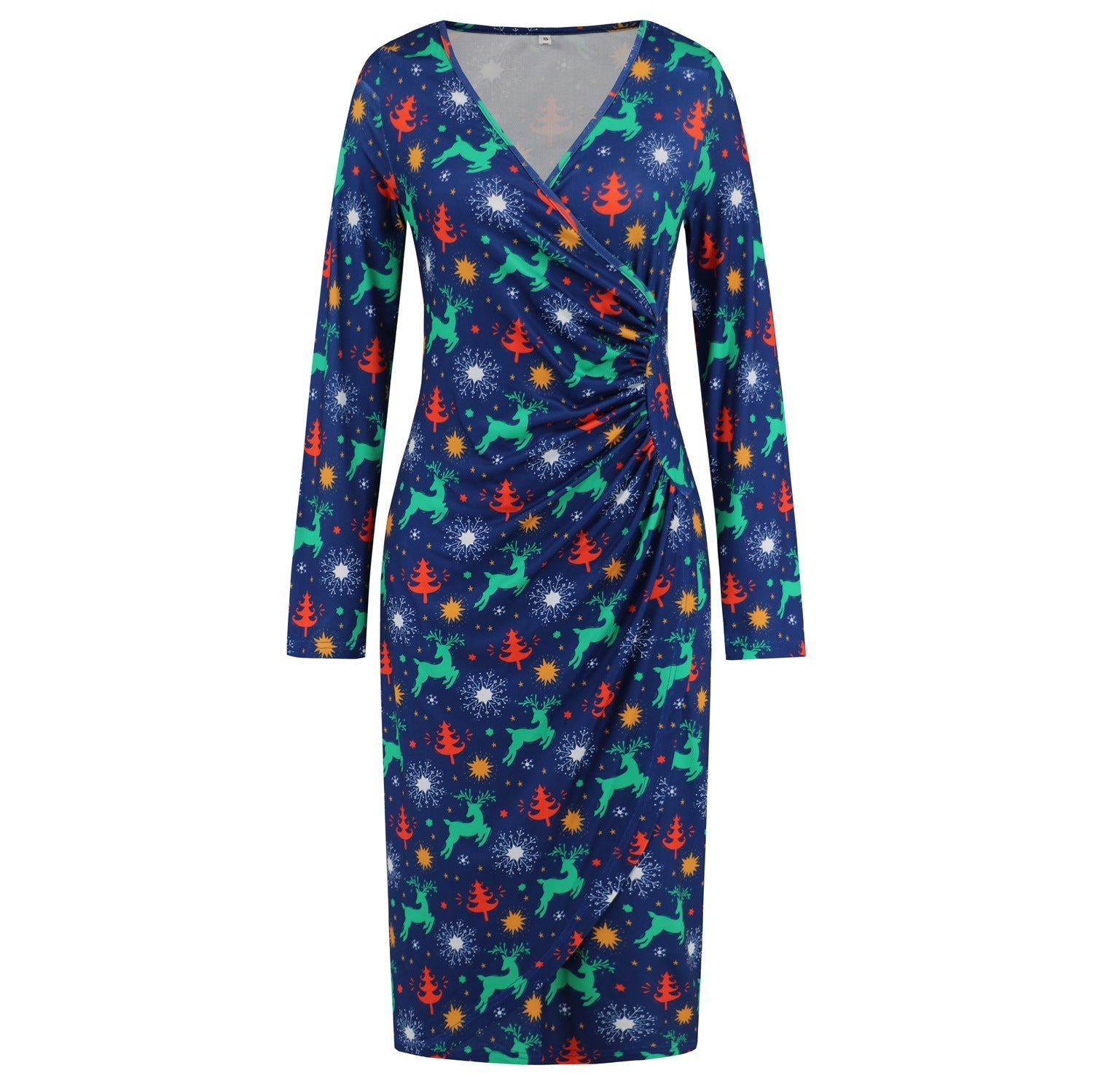 Christmas Printed Dress V Neck Slimming Slim Fit Dress Autumn Winter Women Clothing