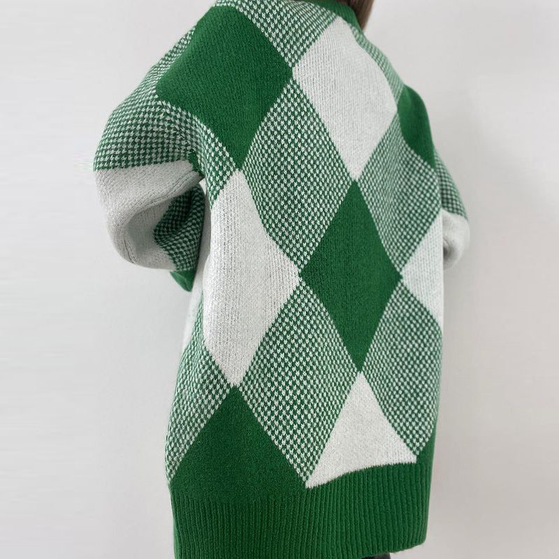 Half Turtleneck Pullover Sweater Loose Green Diamond Lattice Sweater