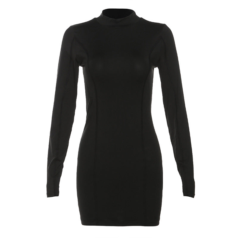 Women Clothing Autumn Solid Color Long Sleeve Slim Slimming Sheath Dress