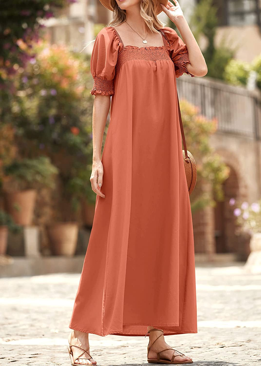 Spring Summer Puff Sleeve Square Collar Dress Solid Color Loose Casual Pocket Maxi Dress