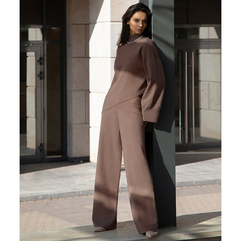 Half Turtleneck Irregular Asymmetric Sweater Suit Elegant Beveled Sweater Knitted Wide Leg Pants