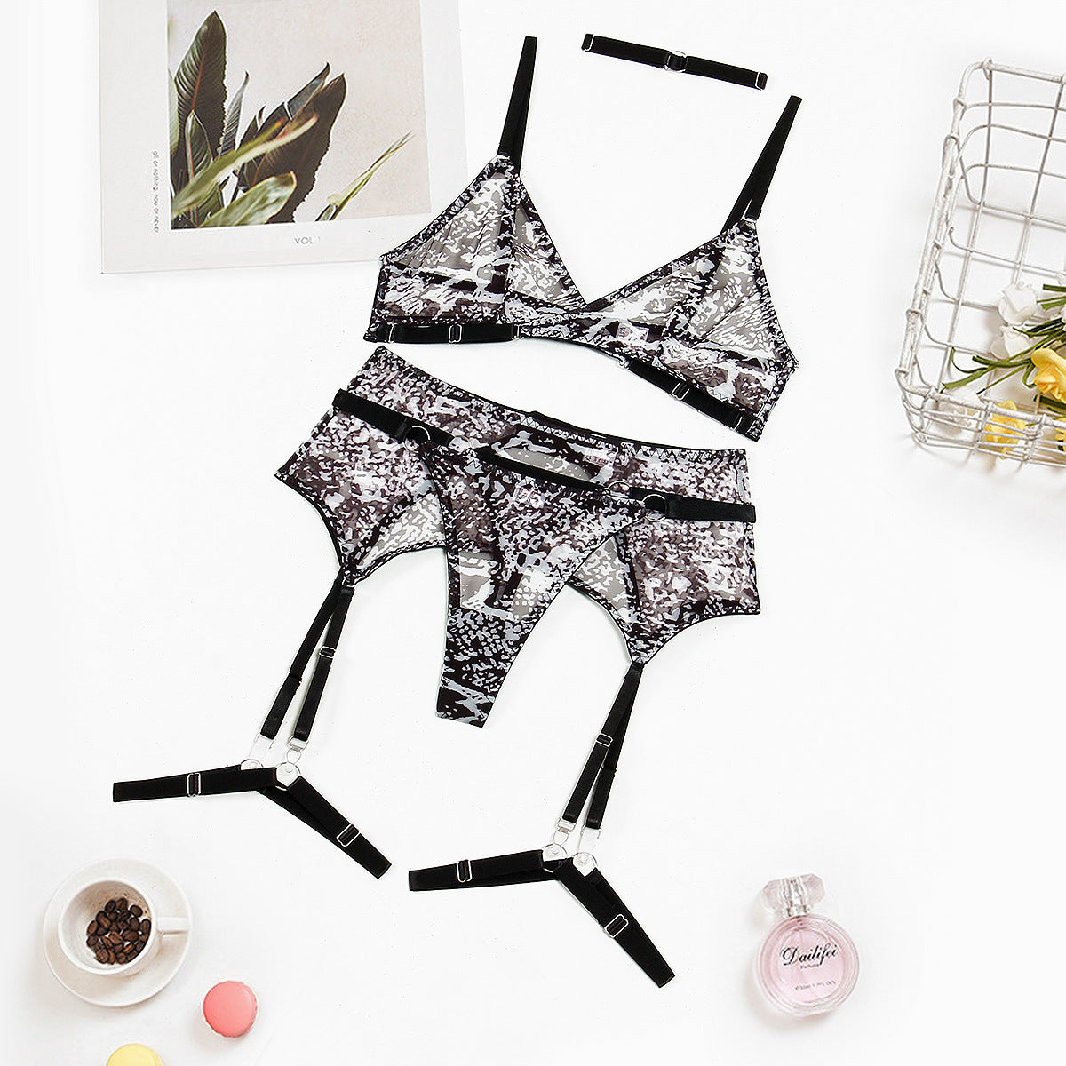 Leopard Mesh Wire Free See through Sexy Lingerie Four Piece Set Or Five Piece Set