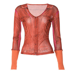 Autumn Sexy V neck Long Sleeve Stitching Woolen Cuff Cardigan Printed Top for Women