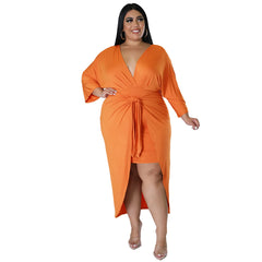 Plus Size Women Clothes Sexy Sheath Mid-Length Sleeve V-neck Lace-up Sheath Dress