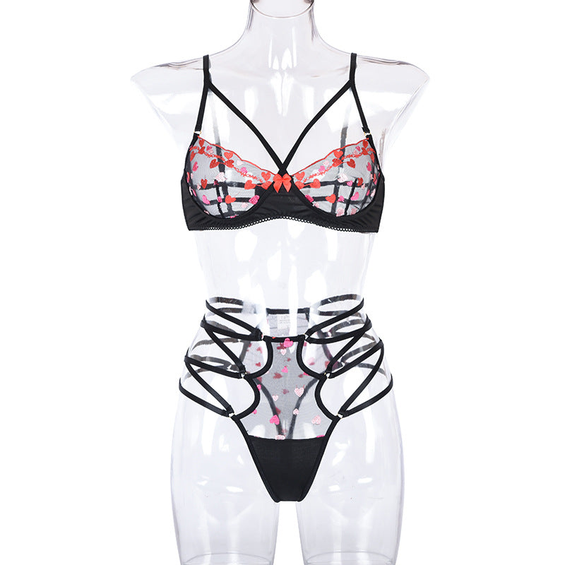 Product Women Clothing Mesh Embroidery Love See-through Stitching Criss Cross Strap Underwear Two-Piece Set