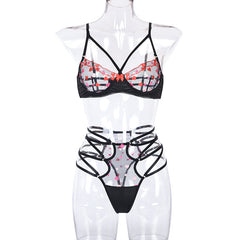 Product Women Clothing Mesh Embroidery Love See-through Stitching Criss Cross Strap Underwear Two-Piece Set